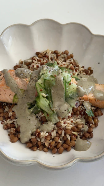 Hormone-Supportive Salmon Bowl with Greek Yoghurt Dressing