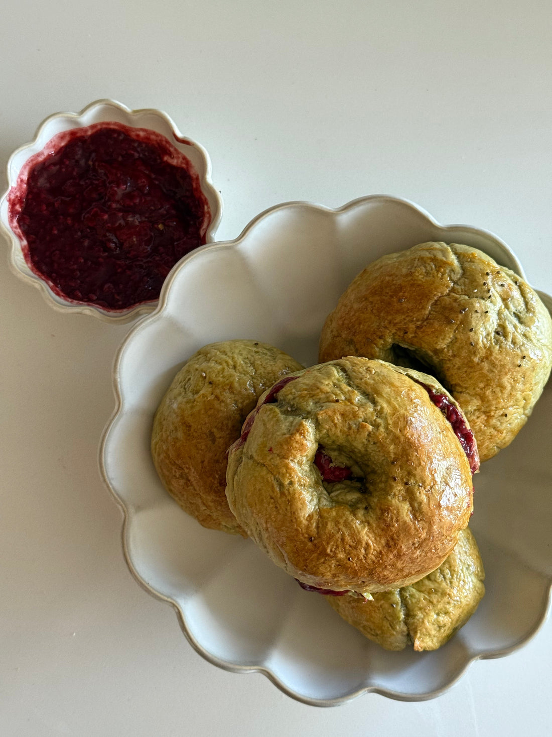Matcha Bagels with Chia Seeds, Berry Elixir Jam & Matcha Butter