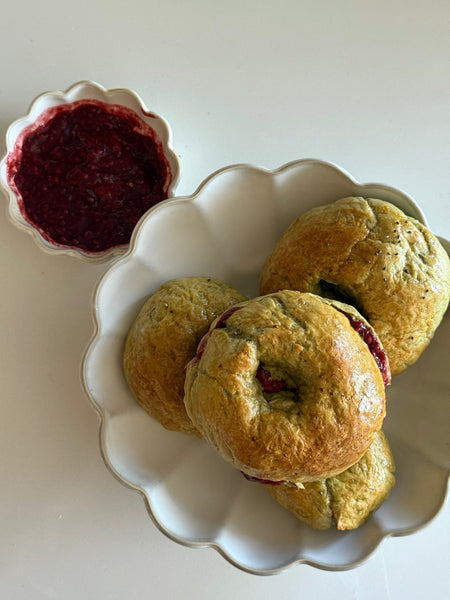 Matcha Bagels with Chia Seeds, Berry Elixir Jam & Matcha Butter